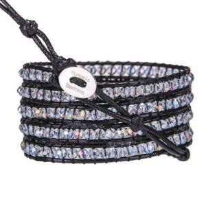 Victoria Emerson Black Leather & Crystal Wrap Bracelet, can be worn in 3 sizes.